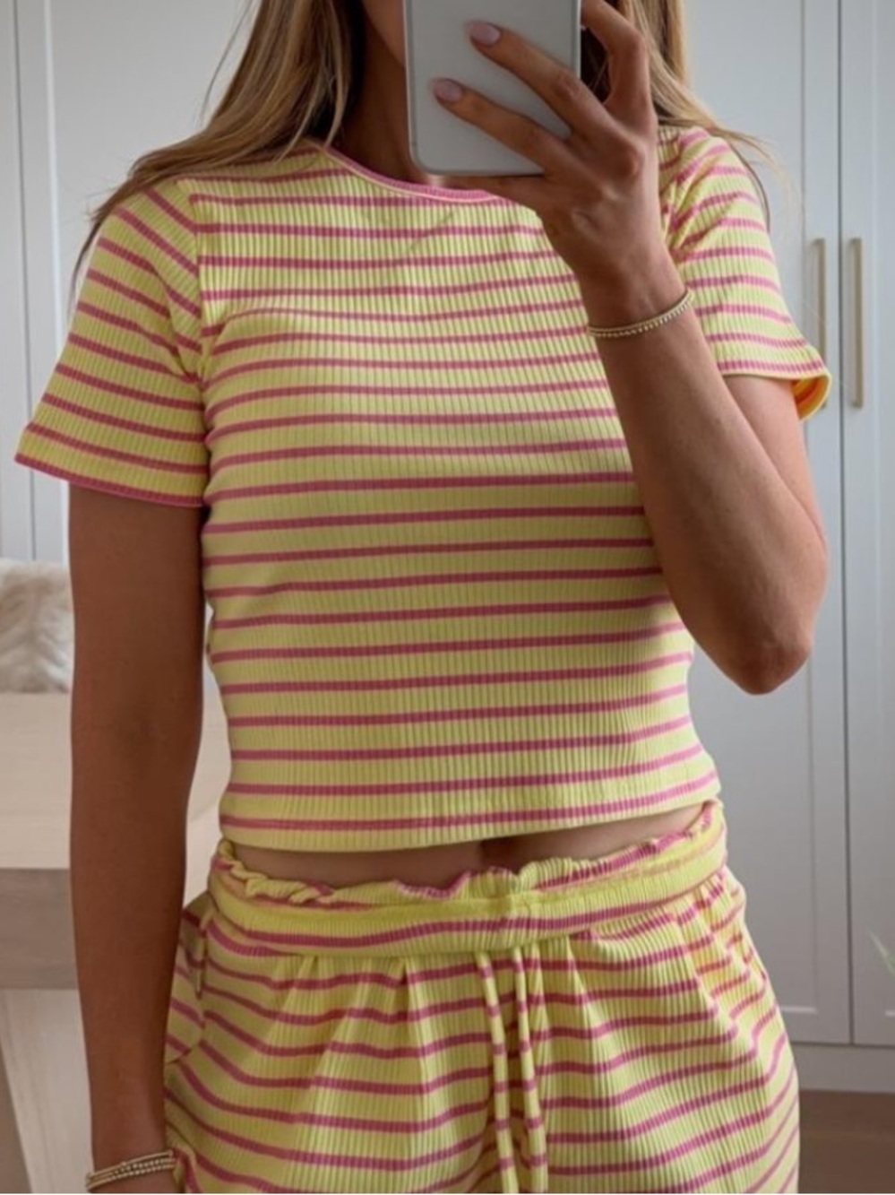 Women’s Yellow & Pink Striped Ribbed Short Sleeve Top